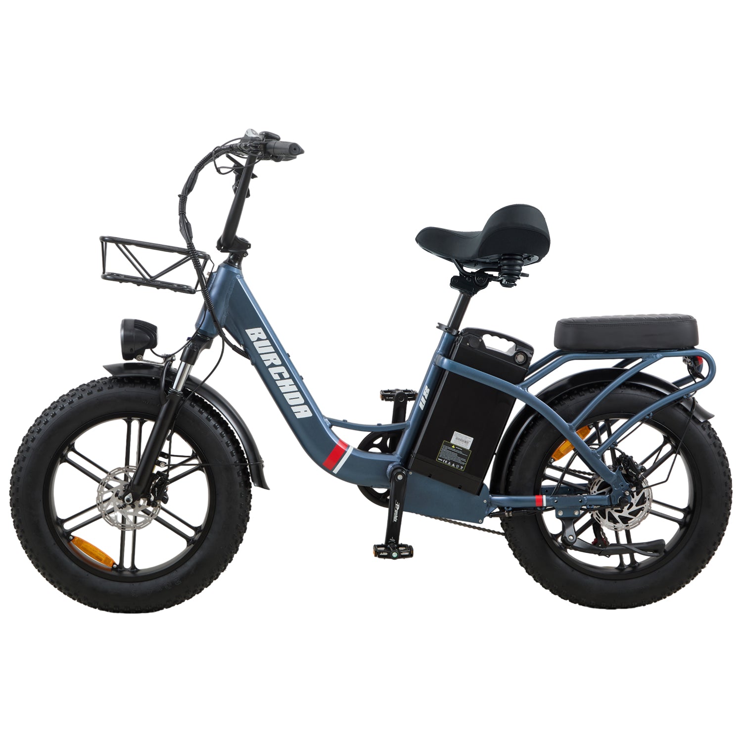 Blue Burchda U8 fat tire electric bike for mountain, snow, and urban riding