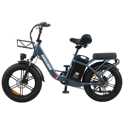 Blue Burchda U8 fat tire electric bike for mountain, snow, and urban riding