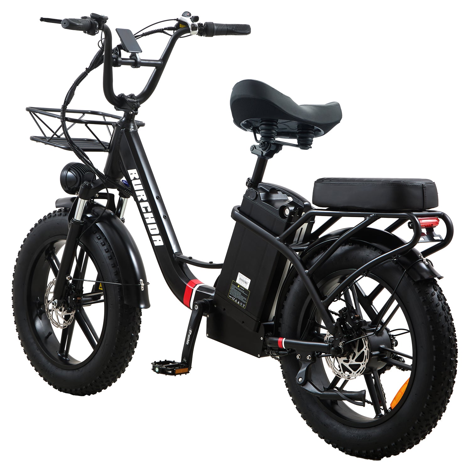 Burchda U8 black e-bike featuring a smart color LCD display and step-through frame