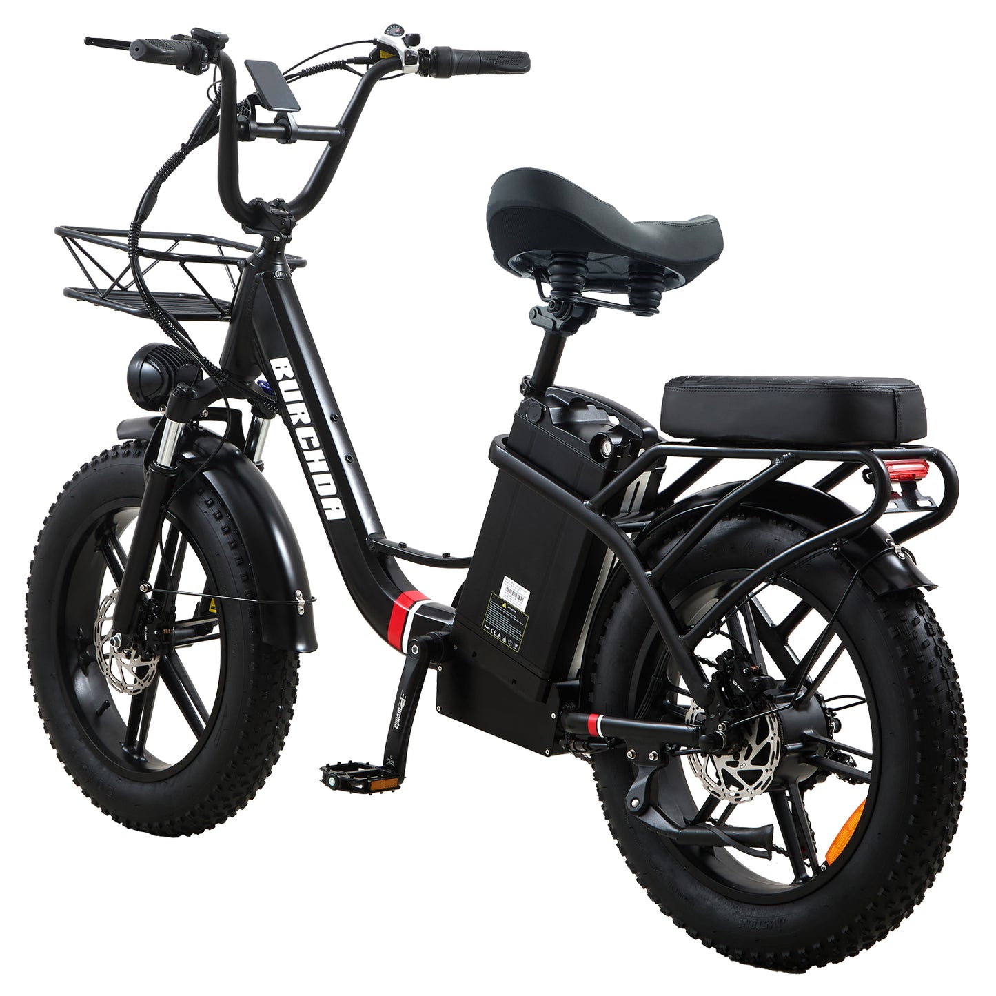 Burchda U8 black e-bike featuring a smart color LCD display and step-through frame