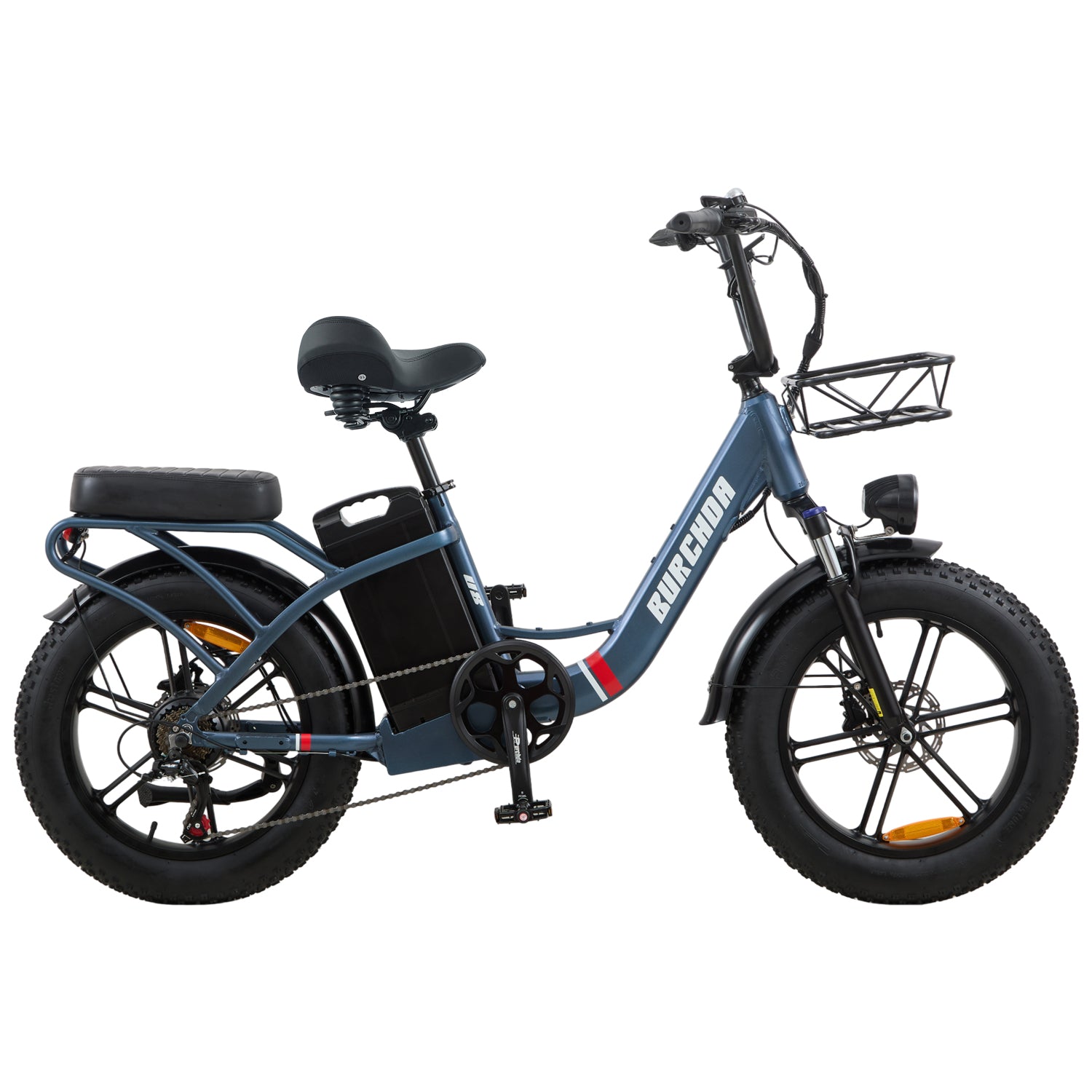 Burchda U8 blue electric bike with step-through frame and full suspension