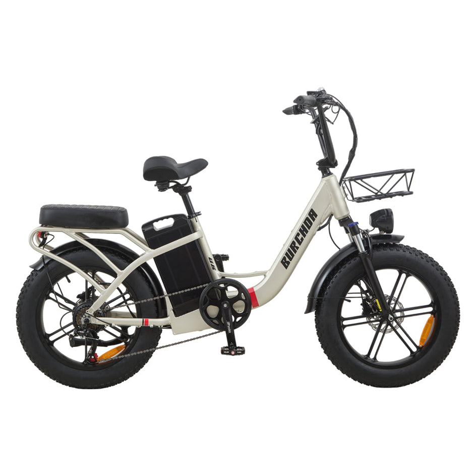 Rechte Ansicht des Burchda U8 City-E-Bikes in Champagnergold